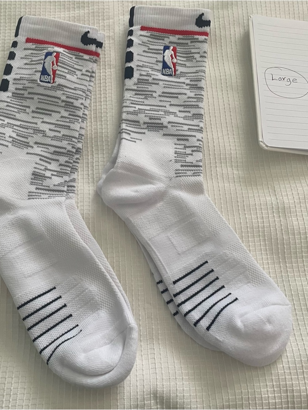 Nike White Crew NBA Socks with Black and Red Accents